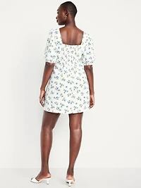 Puff-Sleeve Linen-Blend Mini Dress