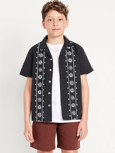 Short-Sleeve Linen-Blend Embroidered Shirt for Boys