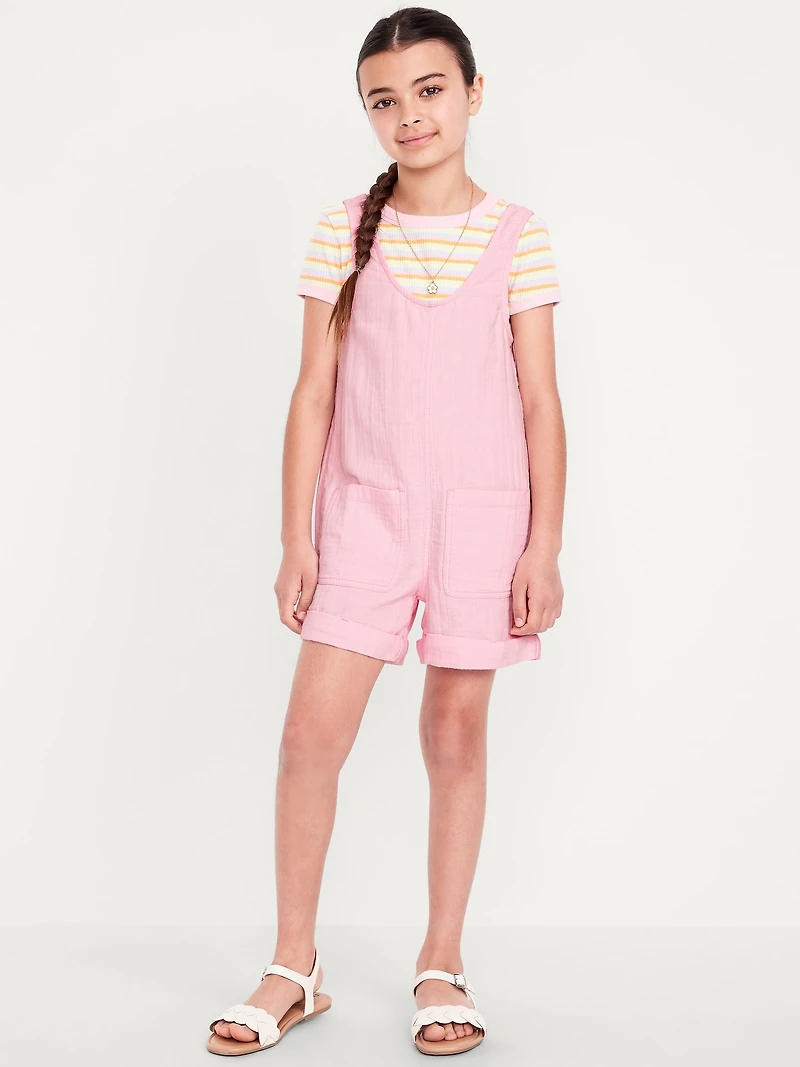 Sleeveless Double-Weave Pocket Romper for Girls