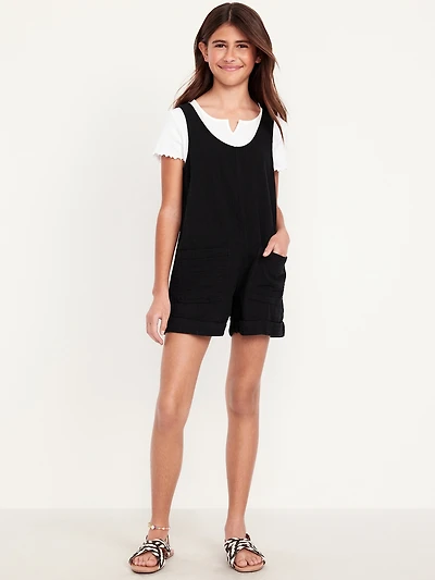 Sleeveless Double-Weave Pocket Romper for Girls