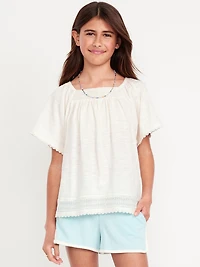 Short Flutter-Sleeve Crochet-Trim Top for Girls