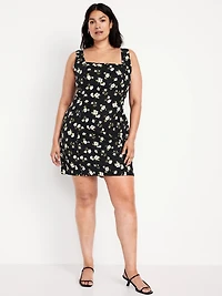 Square-Neck Linen-Blend Floral Mini Dress