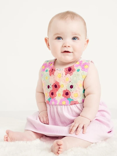 Sleeveless Crochet-Panel Dress and Shorts Set for Baby