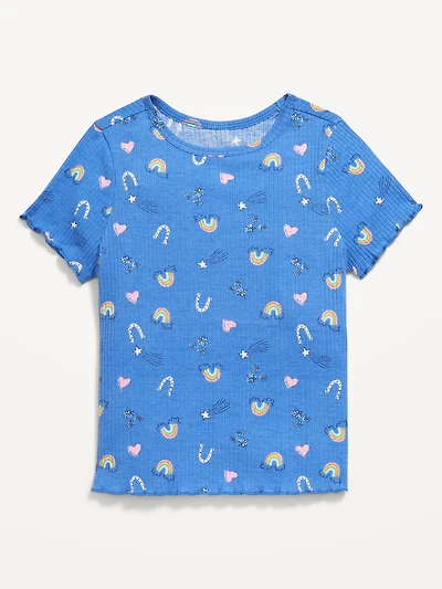 Printed Short-Sleeve Lettuce-Edge T-Shirt for Toddler Girls