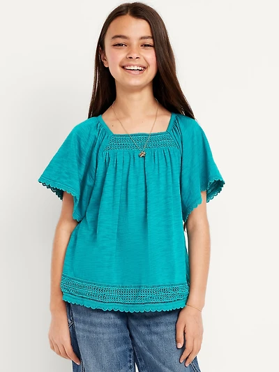 Short Flutter-Sleeve Crochet-Trim Top for Girls