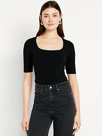 Fitted Double-Layer Elbow-Sleeve Scoop-Neck Top