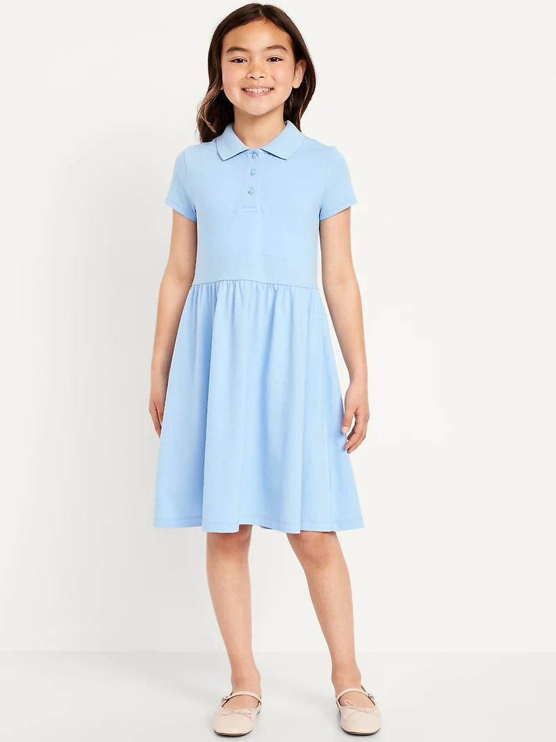 School Uniform Fit and Flare Pique Polo Dress for Girls