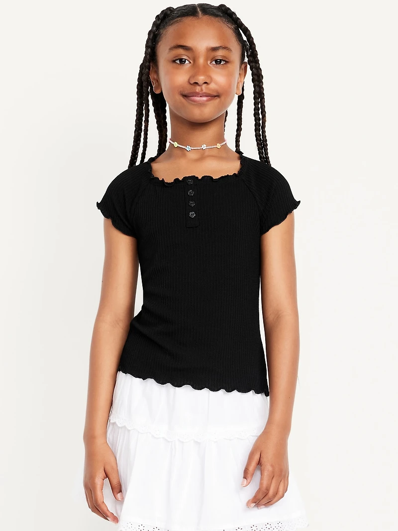 Fitted Short-Sleeve Lettuce-Edge Top for Girls