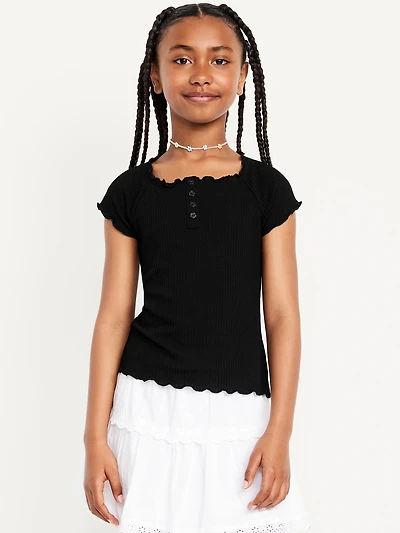 Fitted Short-Sleeve Lettuce-Edge Top for Girls