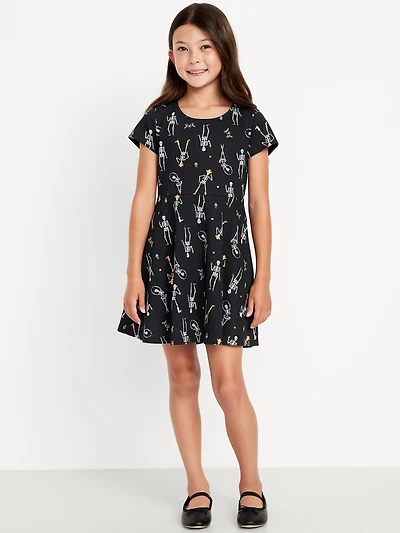 Printed Short-Sleeve Fit and Flare Dress for Girls