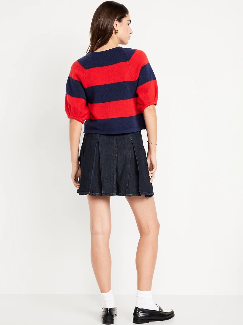 Mid-Rise Pleated Jean Mini Skirt