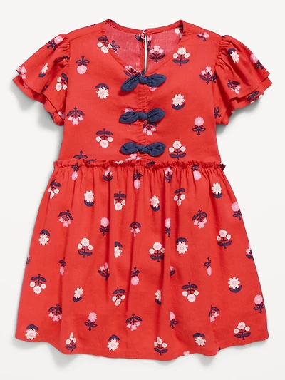 Printed Short-Sleeve Ruffled Bow Dress for Toddler Girls