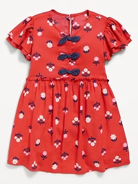 Printed Short-Sleeve Ruffled Bow Dress for Toddler Girls