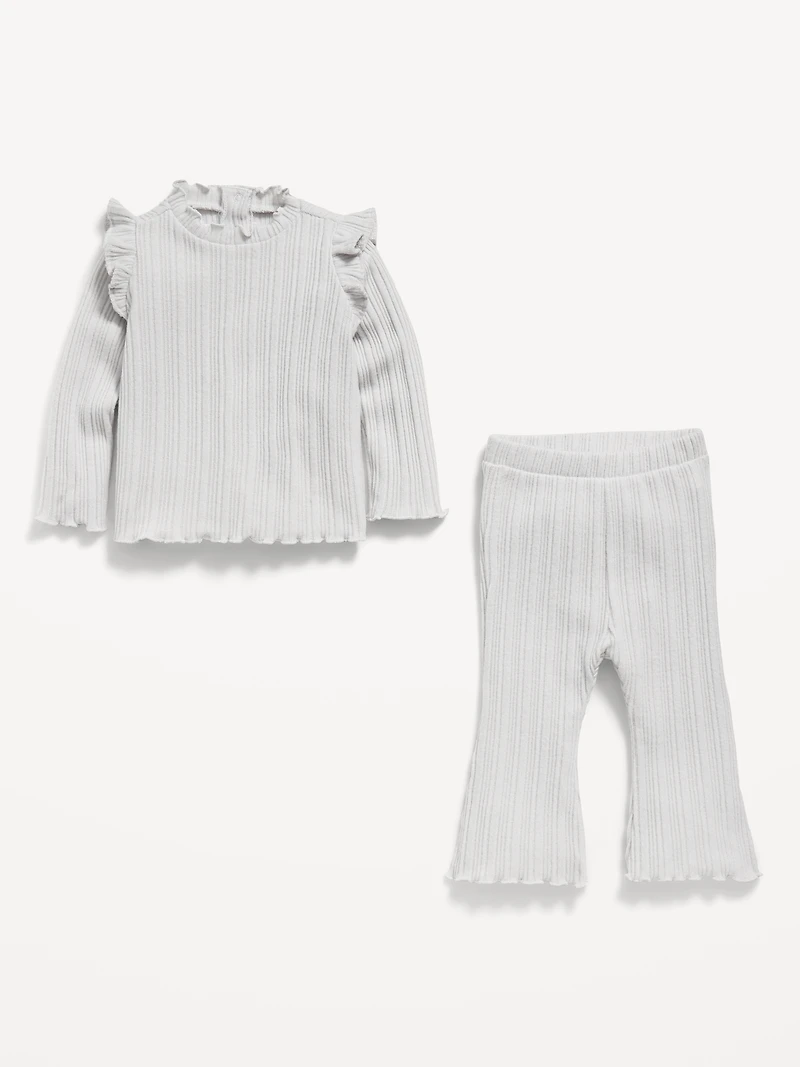 Cozy Long-Sleeve Ribbed Ruffle-Trim Top and Pants Set for Baby