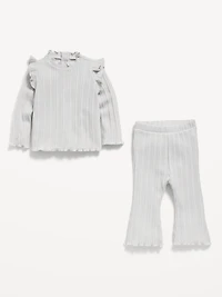 Cozy Long-Sleeve Ribbed Ruffle-Trim Top and Pants Set for Baby