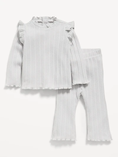 Cozy Long-Sleeve Ribbed Ruffle-Trim Top and Pants Set for Baby