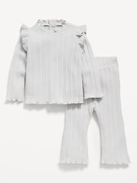 Cozy Long-Sleeve Ribbed Ruffle-Trim Top and Pants Set for Baby