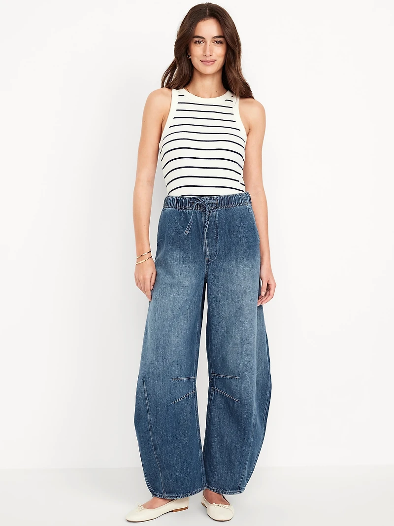 High-Waisted Pull-On Barrel Jeans