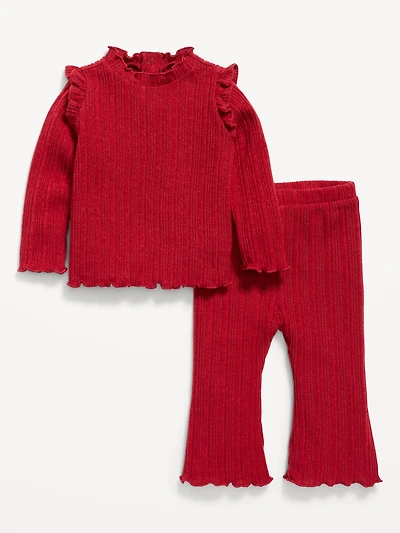 Cozy Long-Sleeve Ribbed Ruffle-Trim Top and Pants Set for Baby