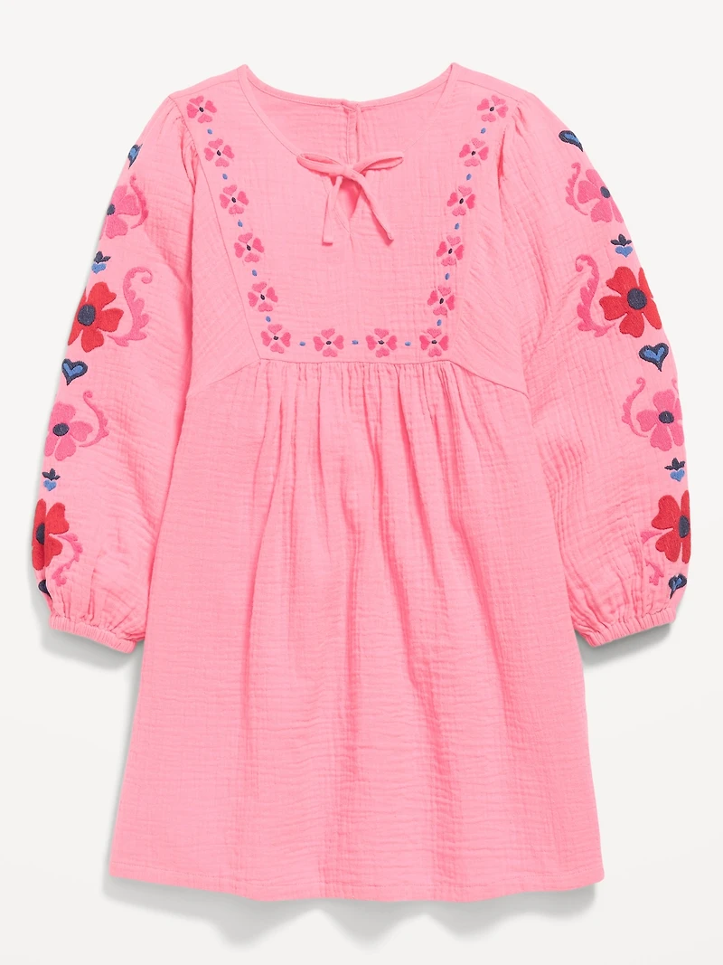 Long-Sleeve Double-Weave Embroidered Swing Dress for Girls