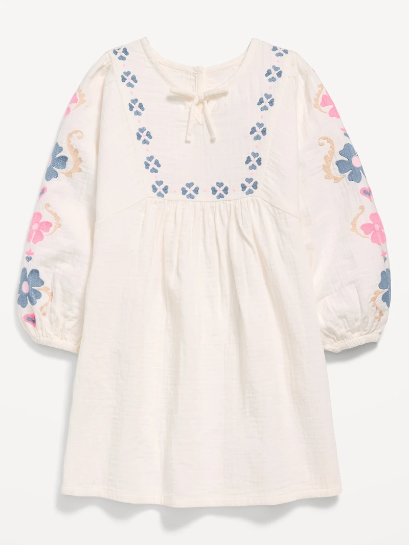 Long-Sleeve Double-Weave Embroidered Swing Dress for Girls