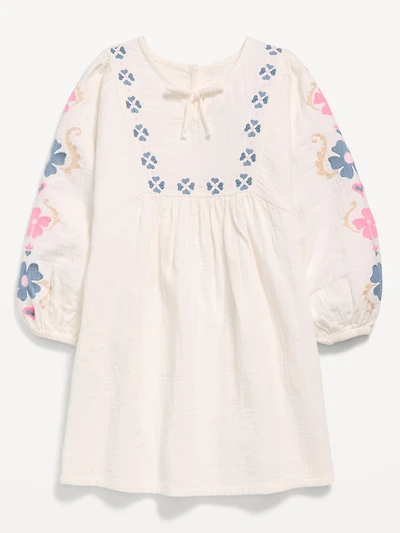Long-Sleeve Double-Weave Embroidered Swing Dress for Girls