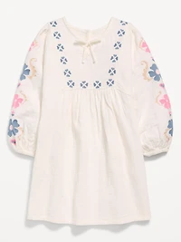 Long-Sleeve Double-Weave Embroidered Swing Dress for Girls