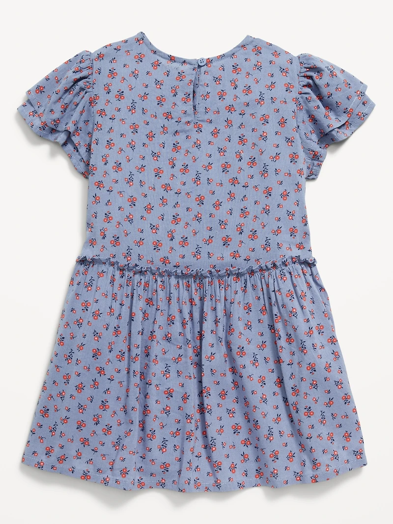 Printed Short-Sleeve Ruffled Bow Dress for Toddler Girls
