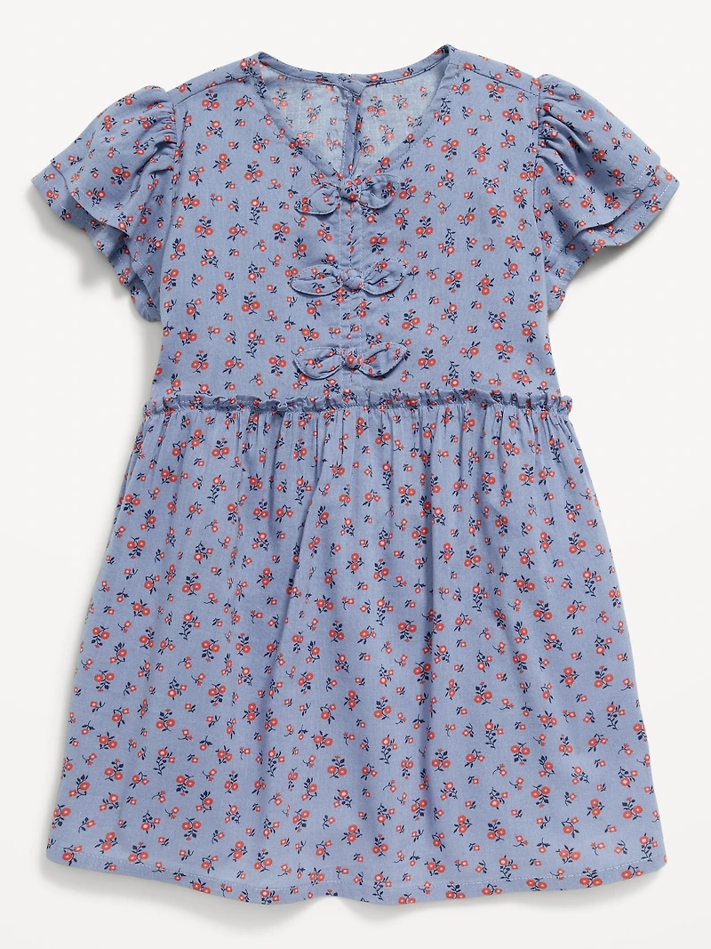 Printed Short-Sleeve Ruffled Bow Dress for Toddler Girls