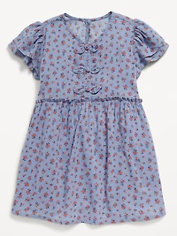 Printed Short-Sleeve Ruffled Bow Dress for Toddler Girls