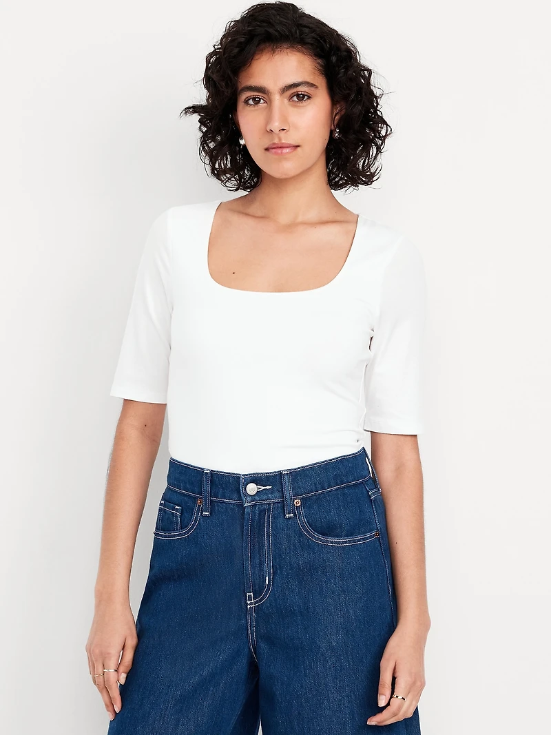Fitted Double-Layer Elbow-Sleeve Scoop-Neck Top