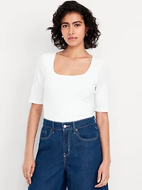 Fitted Double-Layer Elbow-Sleeve Scoop-Neck Top