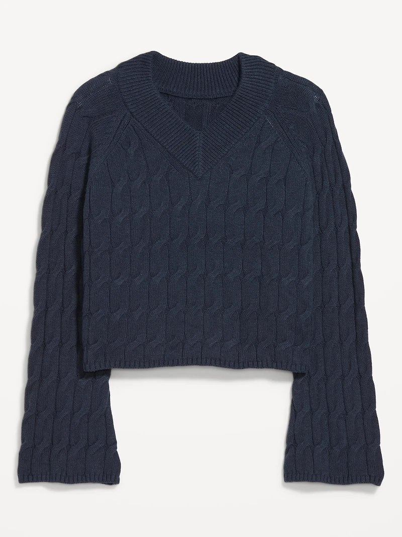 Wool-Blend V-Neck Cable Cropped Sweater