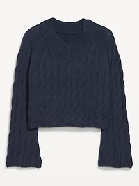 Wool-Blend V-Neck Cable Cropped Sweater