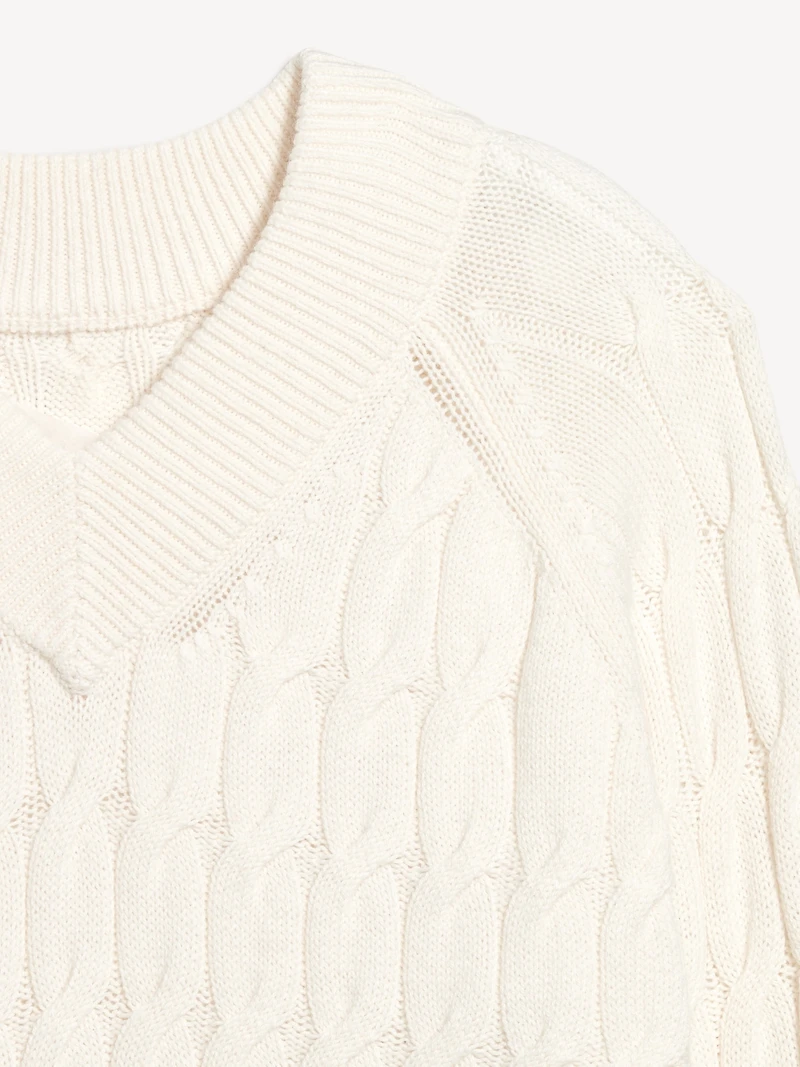 Wool-Blend V-Neck Cable Cropped Sweater
