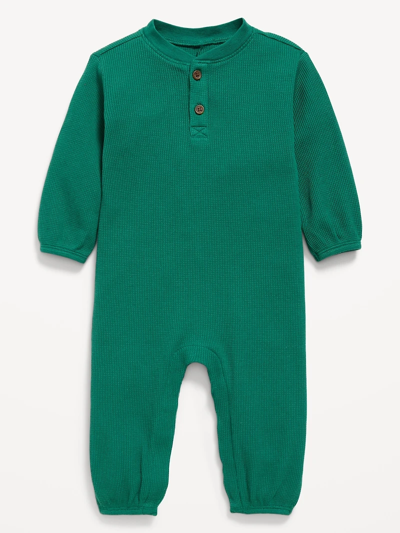 Long-Sleeve Waffle-Knit Henley One-Piece for Baby