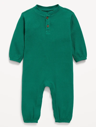 Long-Sleeve Waffle-Knit Henley One-Piece for Baby