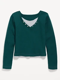 Long-Sleeve 2-In-1 Fitted Henley Top for Girls