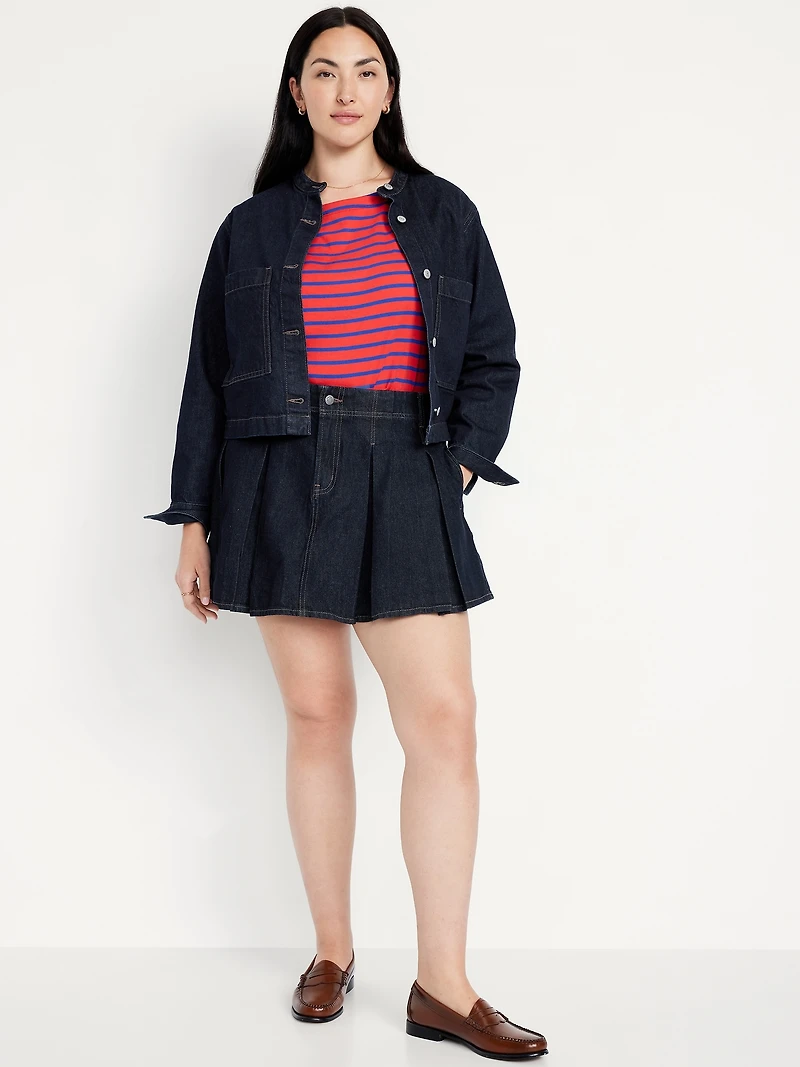 Mid-Rise Pleated Jean Mini Skirt