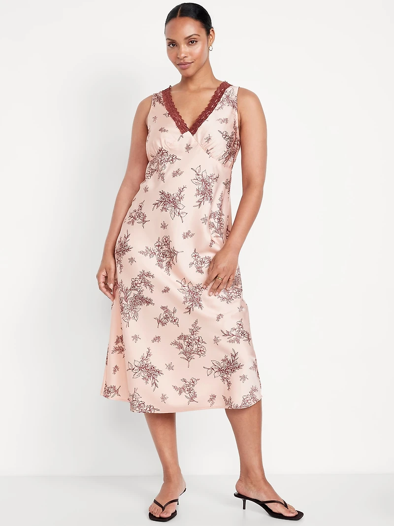 Lace-Trim Satin Midi Dress