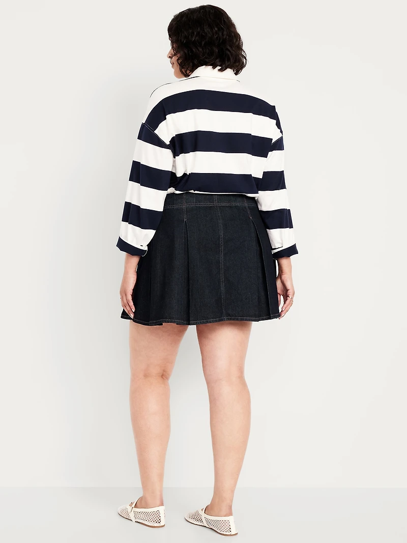 Mid-Rise Pleated Jean Mini Skirt