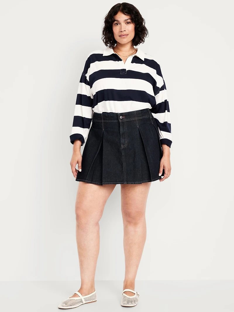 Mid-Rise Pleated Jean Mini Skirt