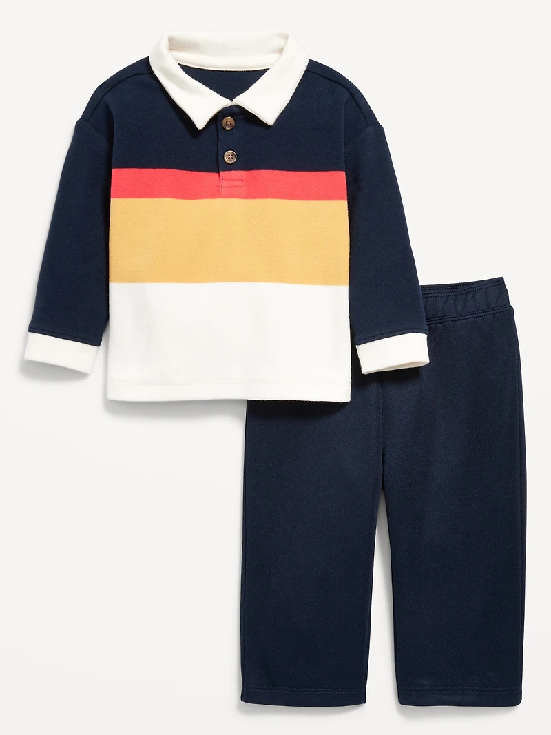 Printed Long-Sleeve Polo Shirt and Pants Set for Baby