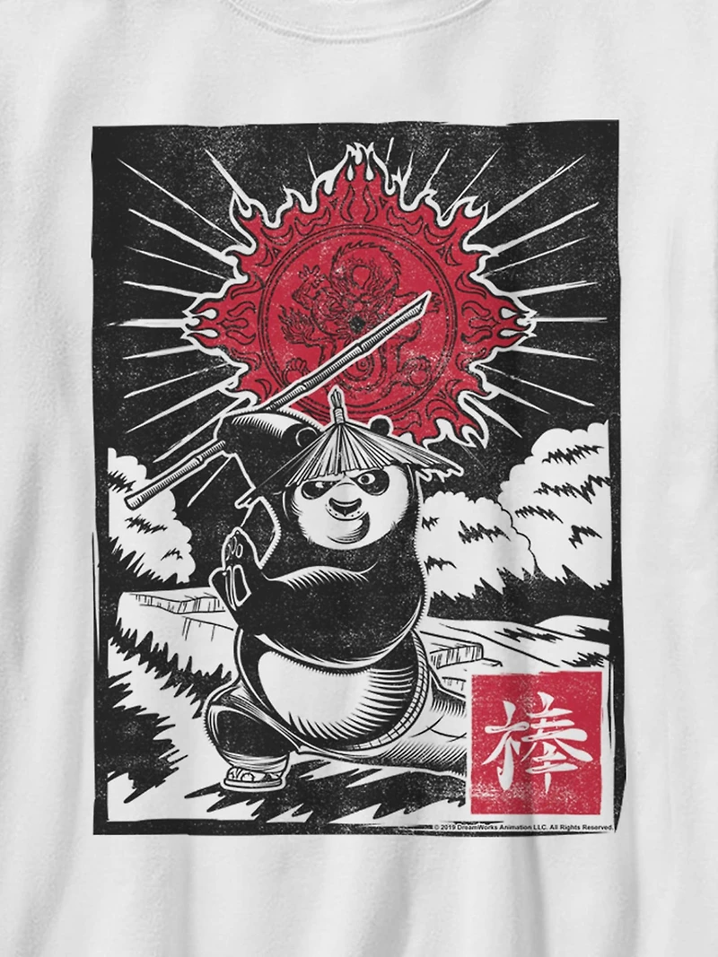 Kung Fu Panda Woodcut Gender-Neutral Graphic T-Shirt for Kids