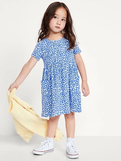 Short-Sleeve Ribbed Fit and Flare Pocket Dress for Toddler Girls