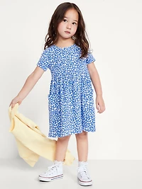 Short-Sleeve Ribbed Fit and Flare Pocket Dress for Toddler Girls