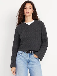 Wool-Blend V-Neck Cable Cropped Sweater