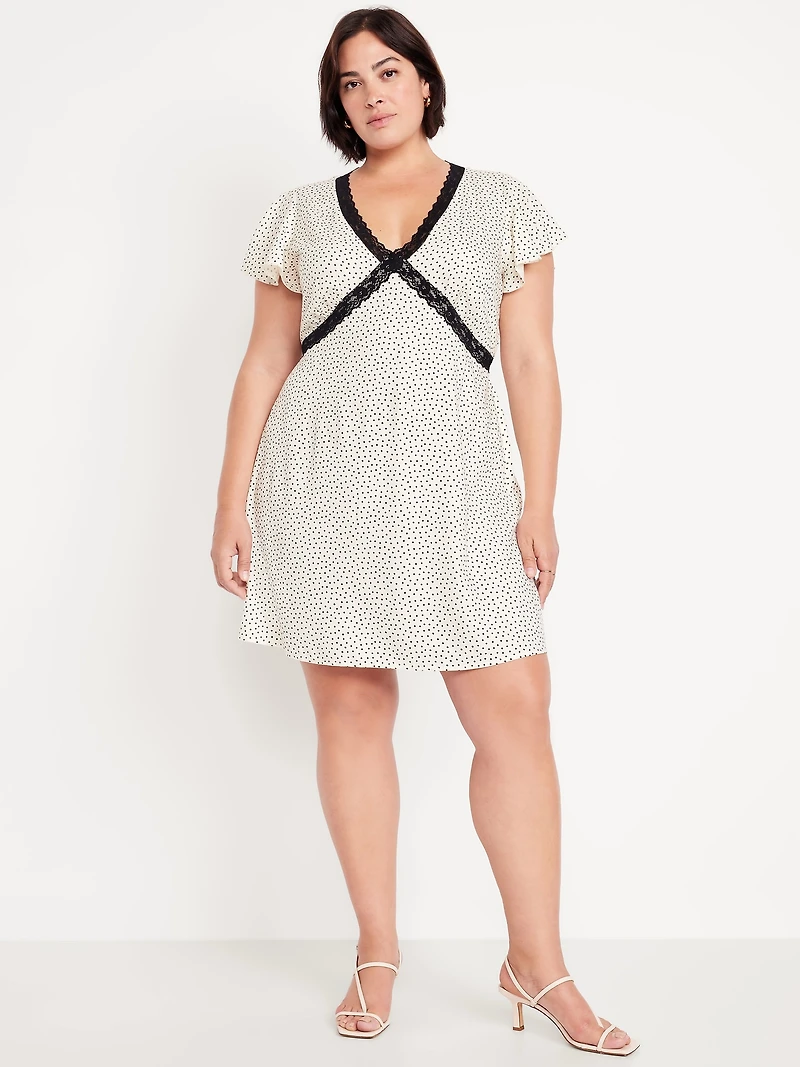 Fit & Flare Crepe Lace-Trim Mini Dress