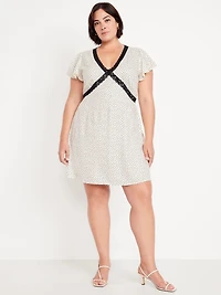Fit & Flare Crepe Lace-Trim Mini Dress