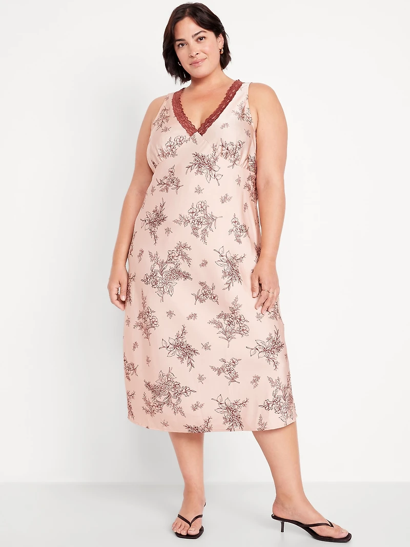 Lace-Trim Satin Midi Dress